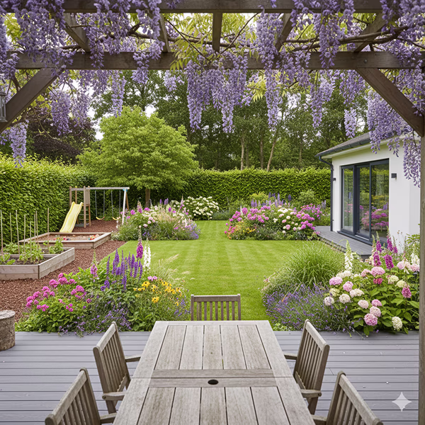 Jardin contemporain avec terrasse en bois